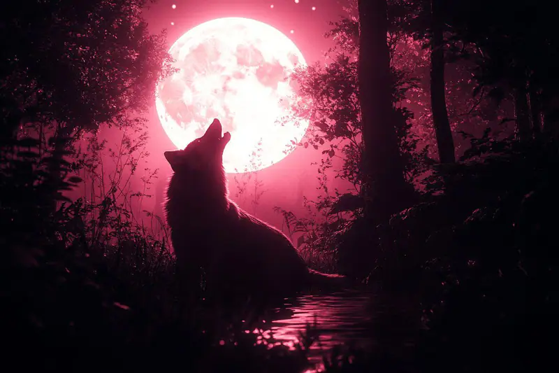 Chat à la fenêtre et chien endormi lors d’une nuit de pleine lune