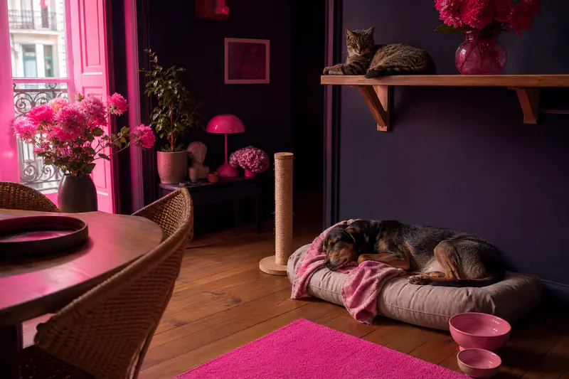 Chat perché et chien au repos dans un salon apaisant et sécurisé