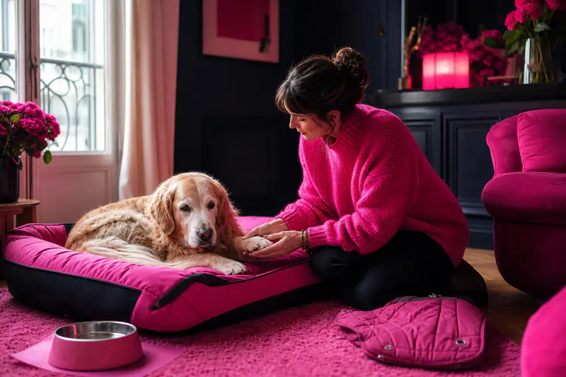 Chienne senior au museau gris sur un coussin antidérapant en hiver