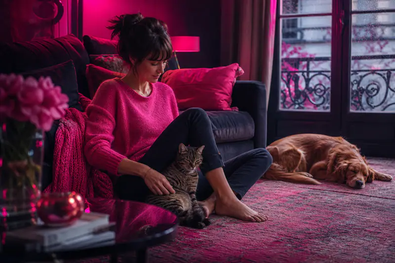 Femme assise au sol avec un chat détendu venu contre elle