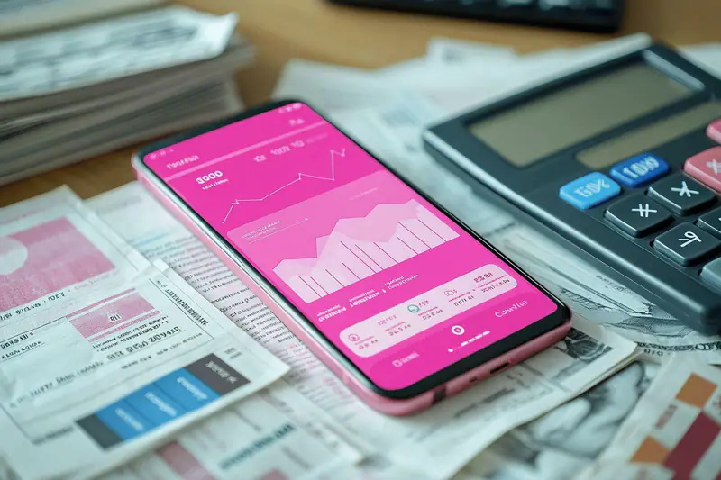 Femme consultant une application de budget sur son smartphone à la table de cuisine.