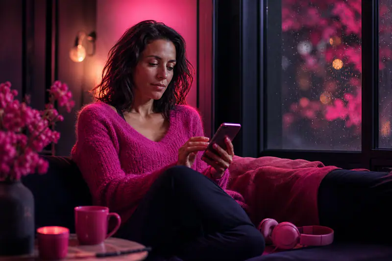 Femme utilisant une application de méditation sur son smartphone un soir d’automne