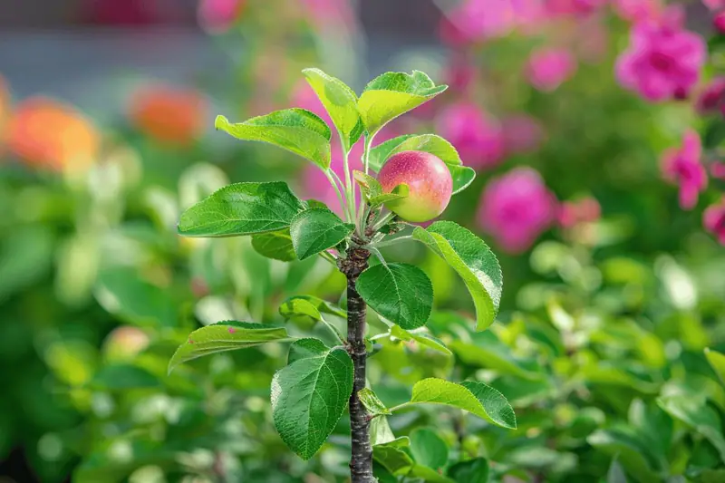 Pommier nain en grand pot sur un balcon ensoleillé