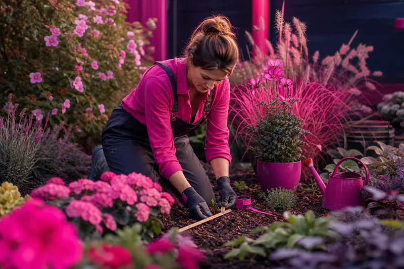 Massif automnal d’arbustes fleuris avec hibiscus, caryoptéris et potentilles