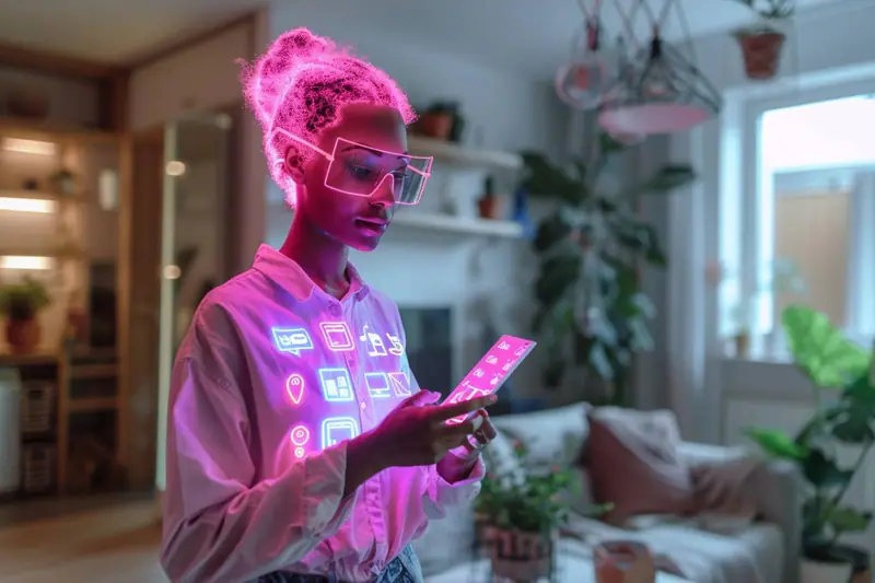 Femme utilisant une enceinte connectée et son téléphone dans une cuisine automnale