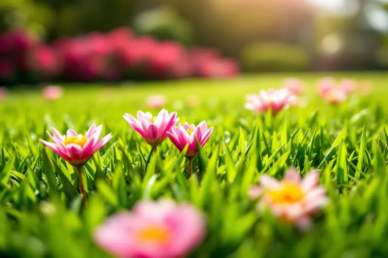 Jardinière inspectant un gazon dense avec râteau et test de sol