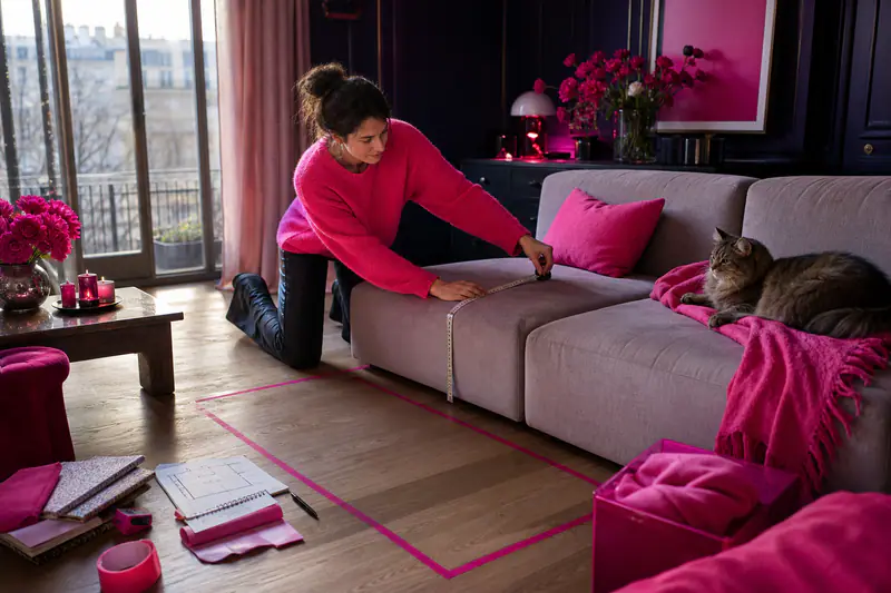 Femme mesurant un canapé dans un salon lumineux avec échantillons de tissu.