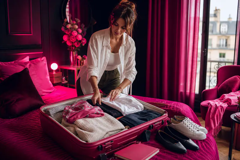 Voyageuse préparant une valise capsule avec vêtements confortables, accessoires et chaussures pratiques