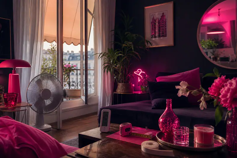 Salon protégé du soleil avec store extérieur et ventilateur près d’une fenêtre