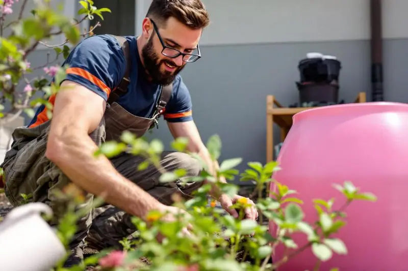 Cuve de récupération d’eau de pluie alimentant un arrosoir dans un potager paillé.