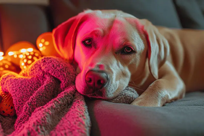 Chien calme sur son panier avec jouet d’occupation et caméra intérieure