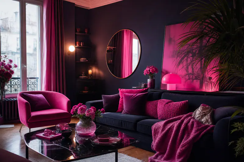 Salon relooké avec mur vert, rideaux hauts, tapis et lumières chaudes
