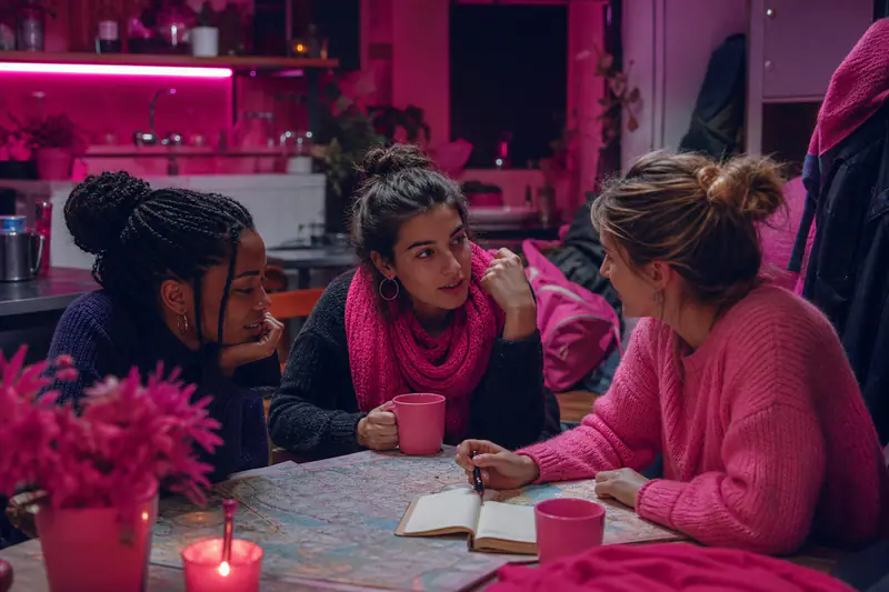 Voyageuse solo discutant avec de nouvelles amies dans une auberge chaleureuse.