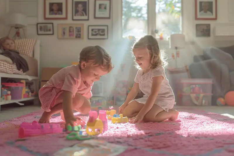Deux enfants rangent des jouets en jouant avec leur mère au salon.
