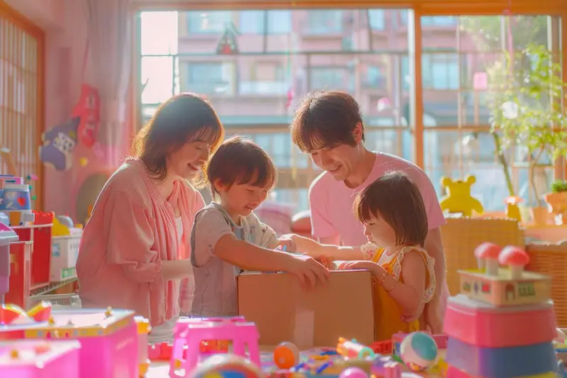 Mère et enfants installant une chambre parmi des cartons de déménagement
