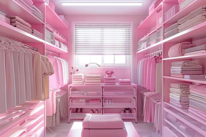 Dressing ouvert organisé avec penderies, étagères pliées, boîtes étiquetées et chaussures rangées