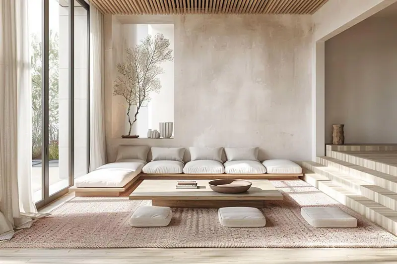 Salon minimaliste chaleureux avec bois clair, lumière douce et rangements fermés
