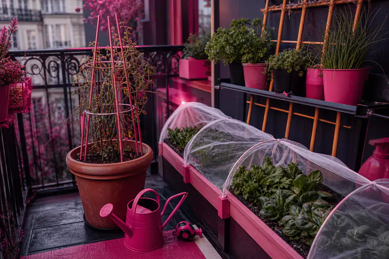 Petit potager productif installé sur un balcon étroit avec bacs et aromatiques