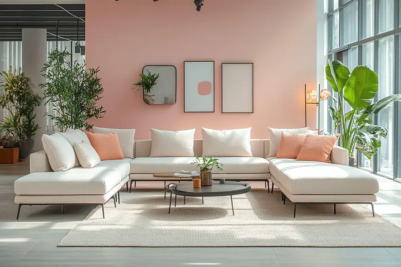 Salon lumineux organisé avec bureau discret, coin repas et rangements fermés.