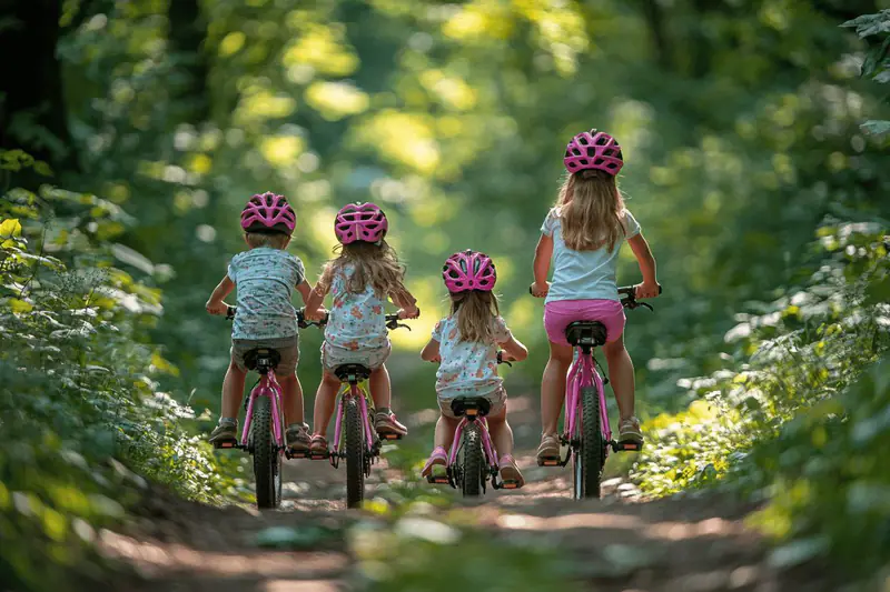 Famille à vélo sur une voie verte ombragée près d’un canal
