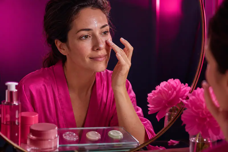 Femme appliquant une base de maquillage ciblée sur sa zone T