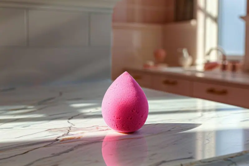 Éponge à maquillage humide appliquant du fond de teint sur une joue