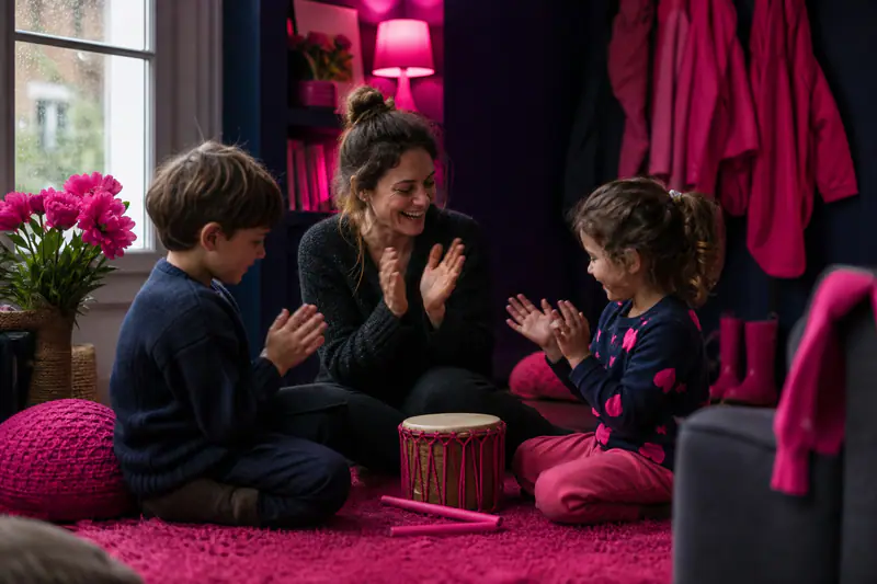 Deux enfants jouent du rythme avec leur mère dans un salon automnal.