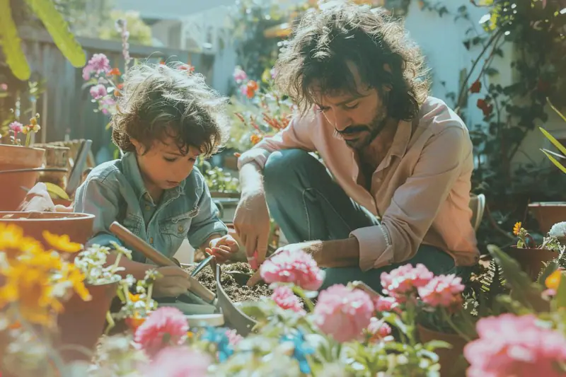 Une mère et deux enfants plantent des légumes dans un potager au printemps.