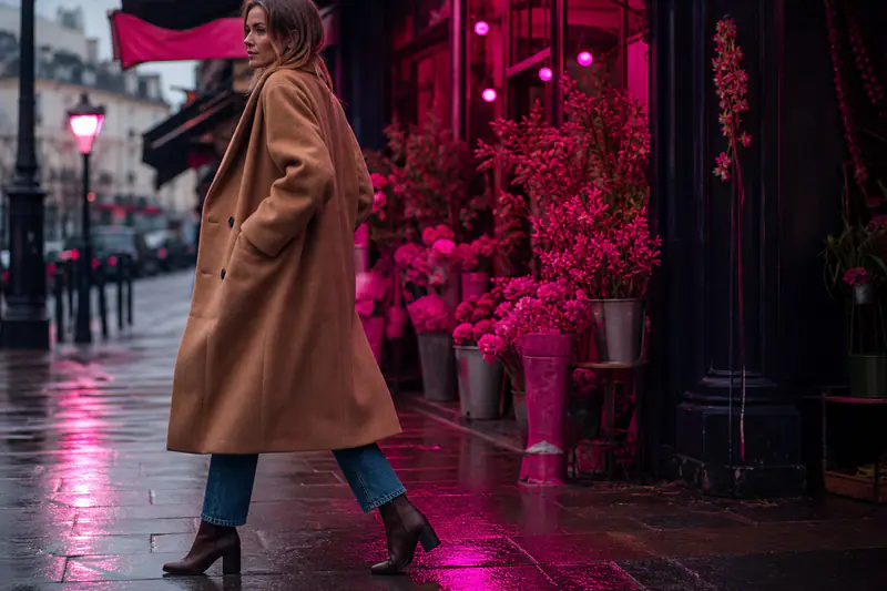 Femme portant des bottines brunes avec jean droit et manteau camel