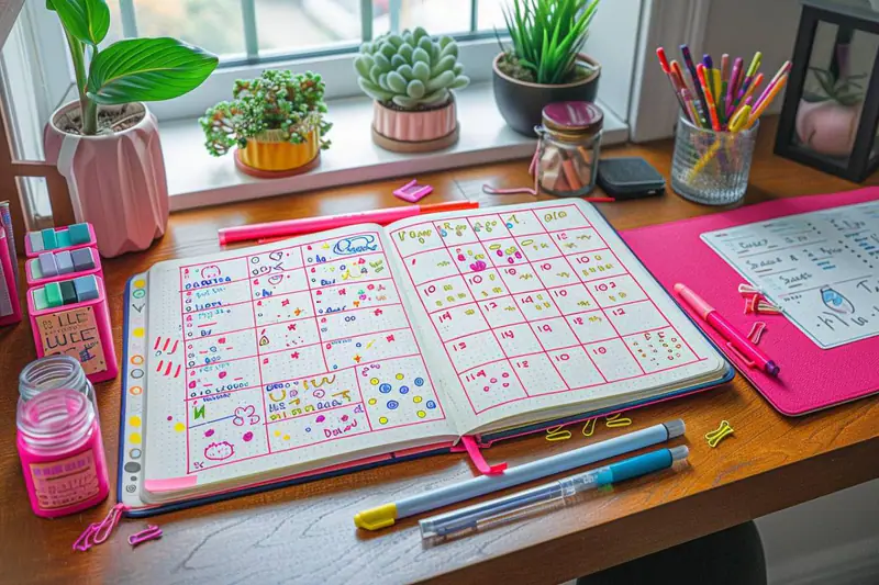 Bullet journal ouvert avec planning hebdomadaire, stylos et thé sur table automnale