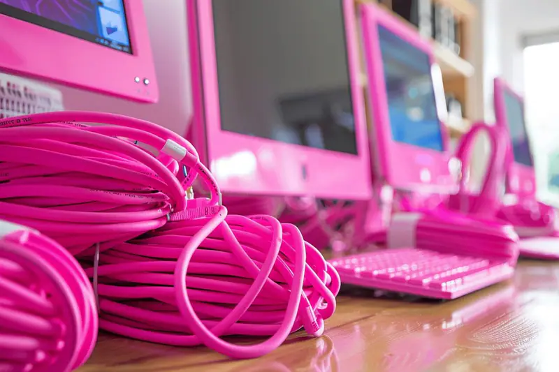 Bureau moderne avec câble Ethernet, chargeur sans fil et accessoires connectés