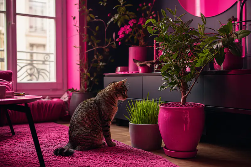 Chat tigré près d’un pot protégé et d’herbe à chat fraîche