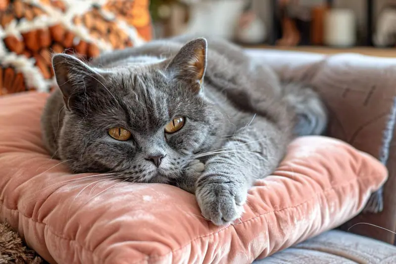 Chat senior confortablement installé près d’un couchage accessible et d’une marche stable