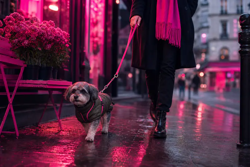 Petit chien en manteau marchant sur un trottoir humide avec sa maîtresse