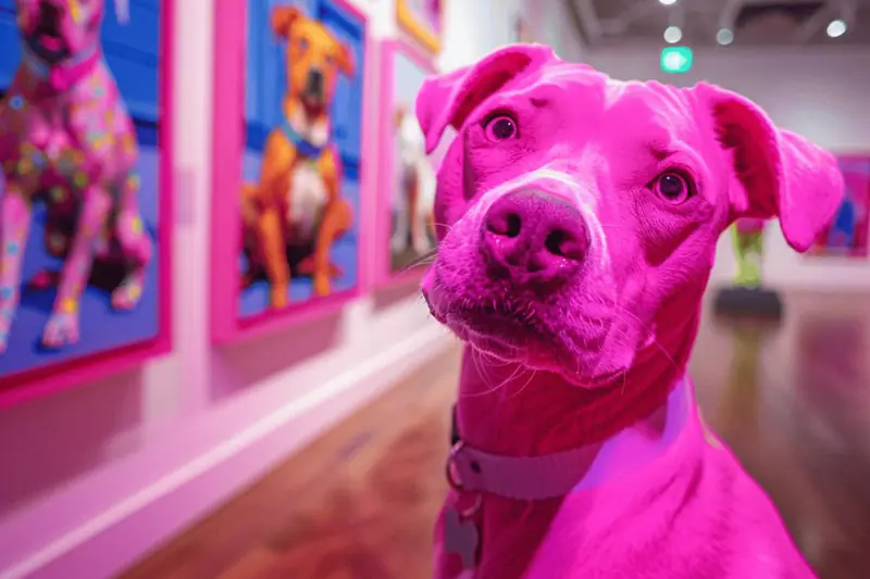 Artiste peignant le portrait d’un chien détendu dans un atelier lumineux