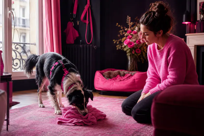 Chien énergique cherchant des friandises dans une serviette au salon