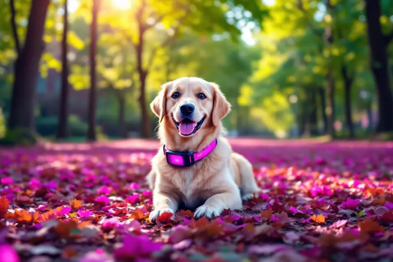 Chien équipé d’un collier GPS pendant une sortie de printemps avec sa propriétaire