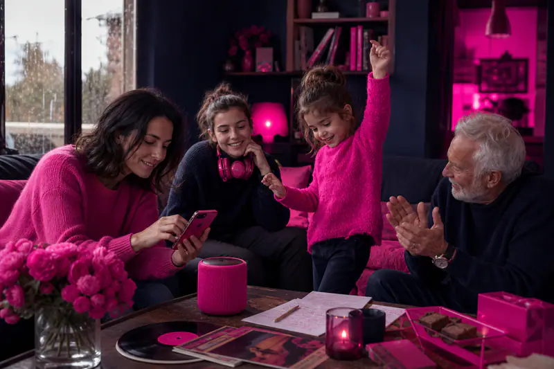 Famille de trois générations choisissant une playlist musicale dans un salon automnal