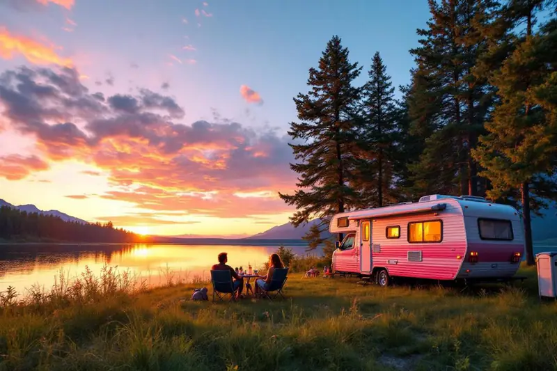 Deux voyageuses préparent leur itinéraire devant un camping-car au printemps