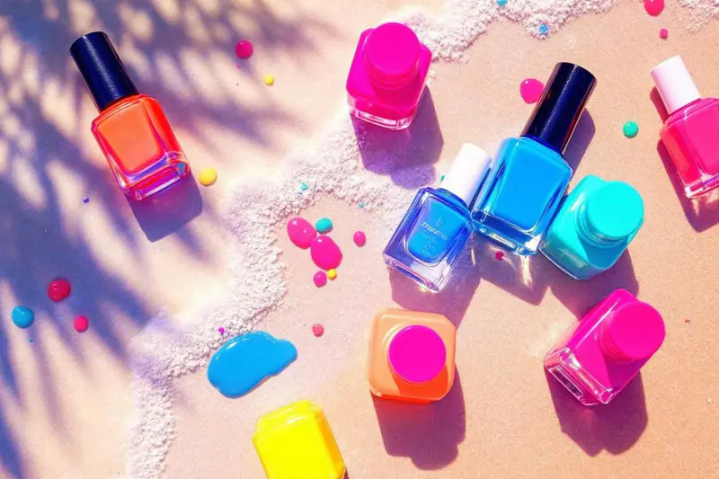 Mains aux ongles courts vernis jaune beurre, bleu ciel et rose jelly