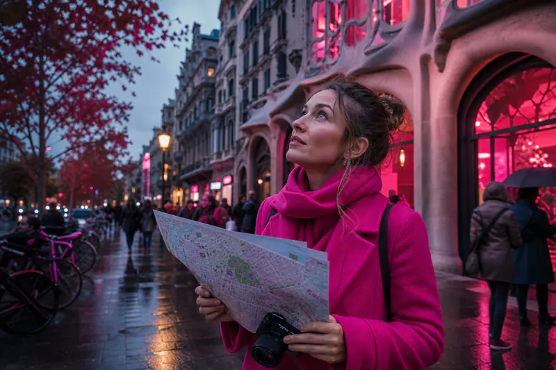 Voyageuse observant une façade moderniste dans le quartier de l’Eixample à Barcelone