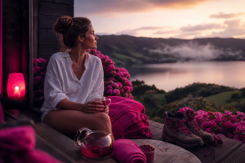 Voyageuse se reposant face à un lac volcanique verdoyant aux Açores