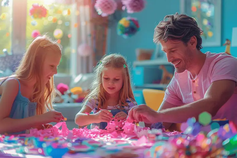Une mère et ses enfants bricolent des objets recyclés sur une table.