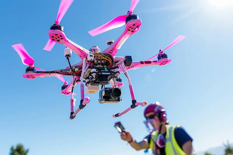 Débutante pilotant un petit drone dans un champ dégagé en automne