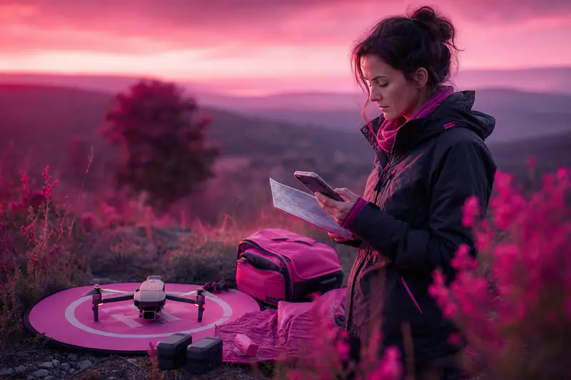 Photographe préparant un drone compact dans un paysage d’automne dégagé