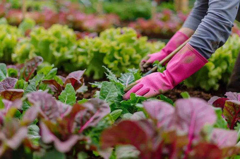 Jardinière préparant un potager couvert de feuilles à l’automne
