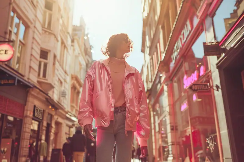 Femme comparant deux looks d’hiver devant un miroir, dont un mieux ajusté.