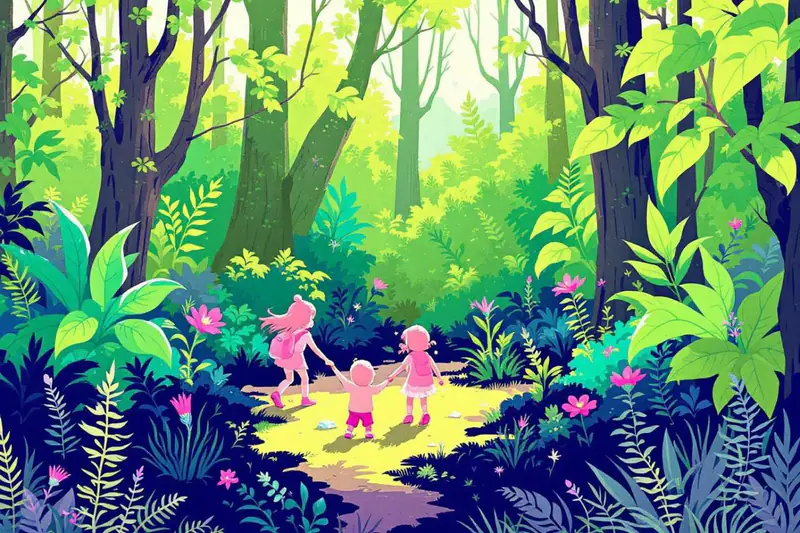 Deux enfants observent une libellule près d’un ruisseau lors d’une balade familiale.