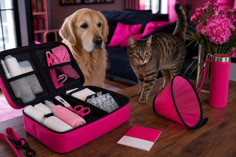 Trousse de secours ouverte avec matériel pour chien et chat à la maison