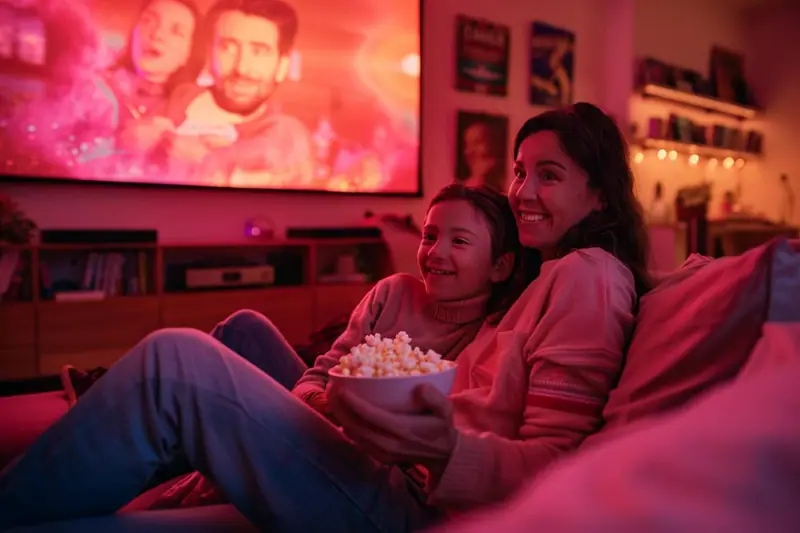 Une mère et deux enfants regardent un film sous un plaid d’automne.